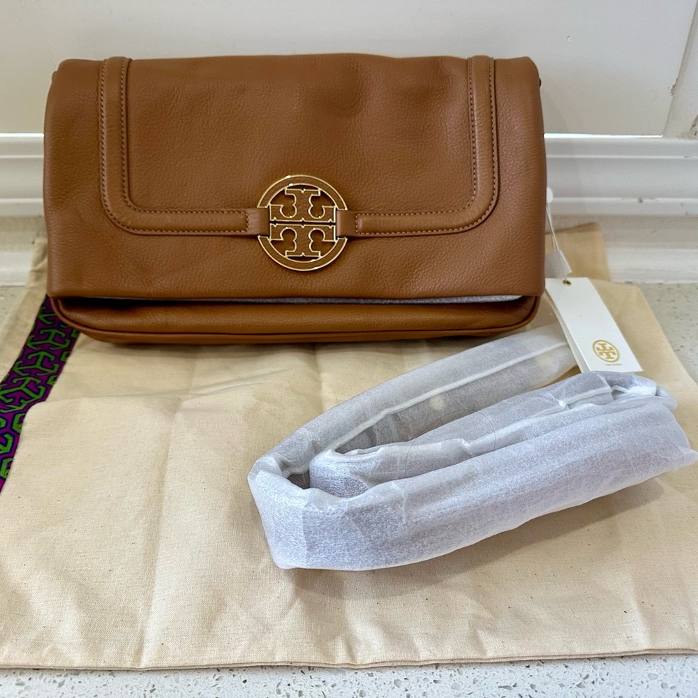 New Tory Burch Amanda Fold Over Crossbody Messenger Bag- Royal Tan